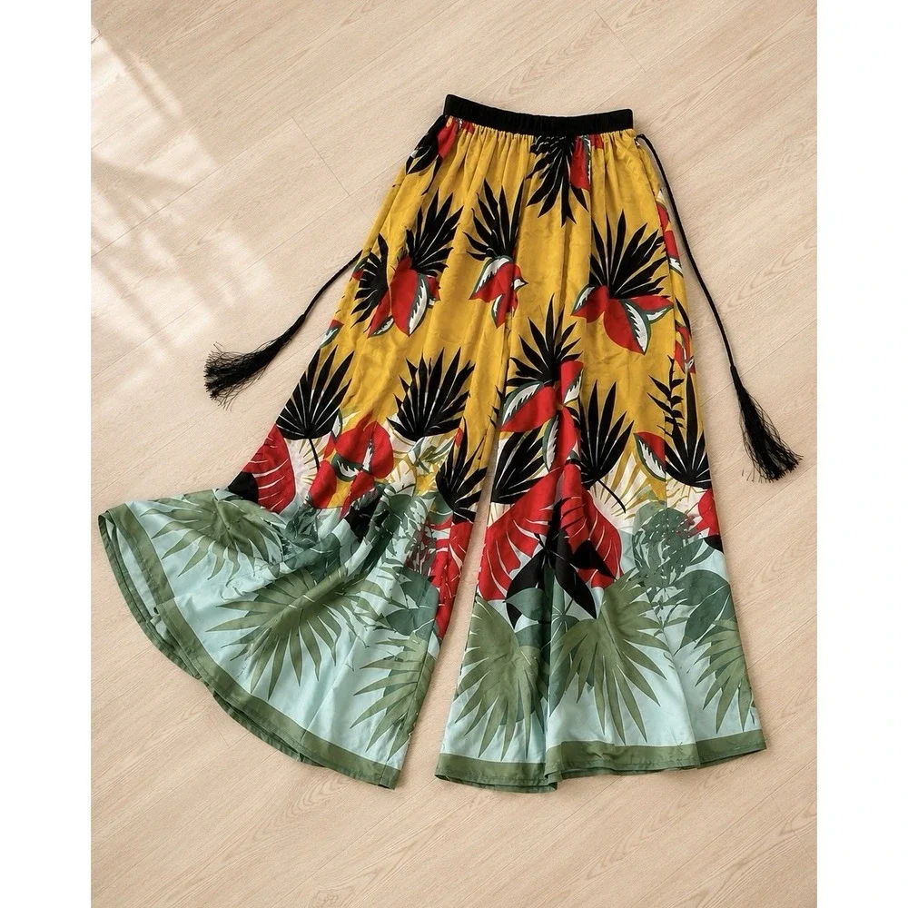 Beatrice B Silk Tropical Wide Leg Pants Women's M Yellow Floral Fringe Italy